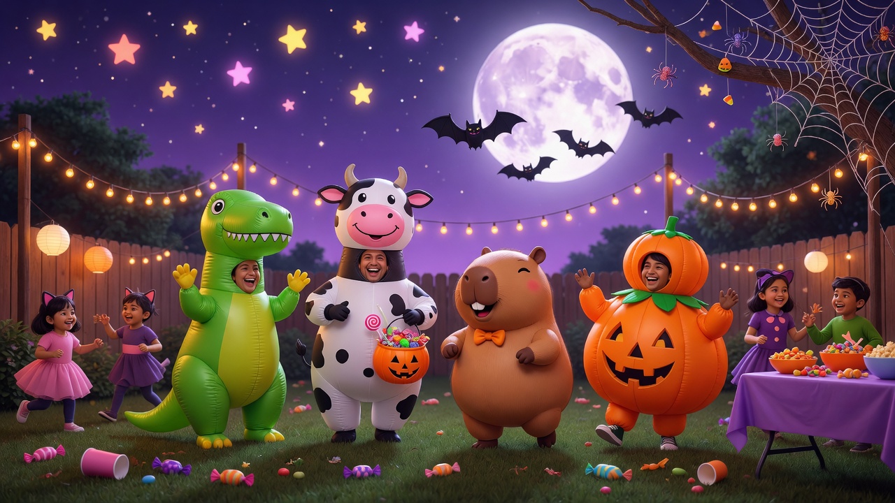 People in colorful inflatable costumes at a Halloween party