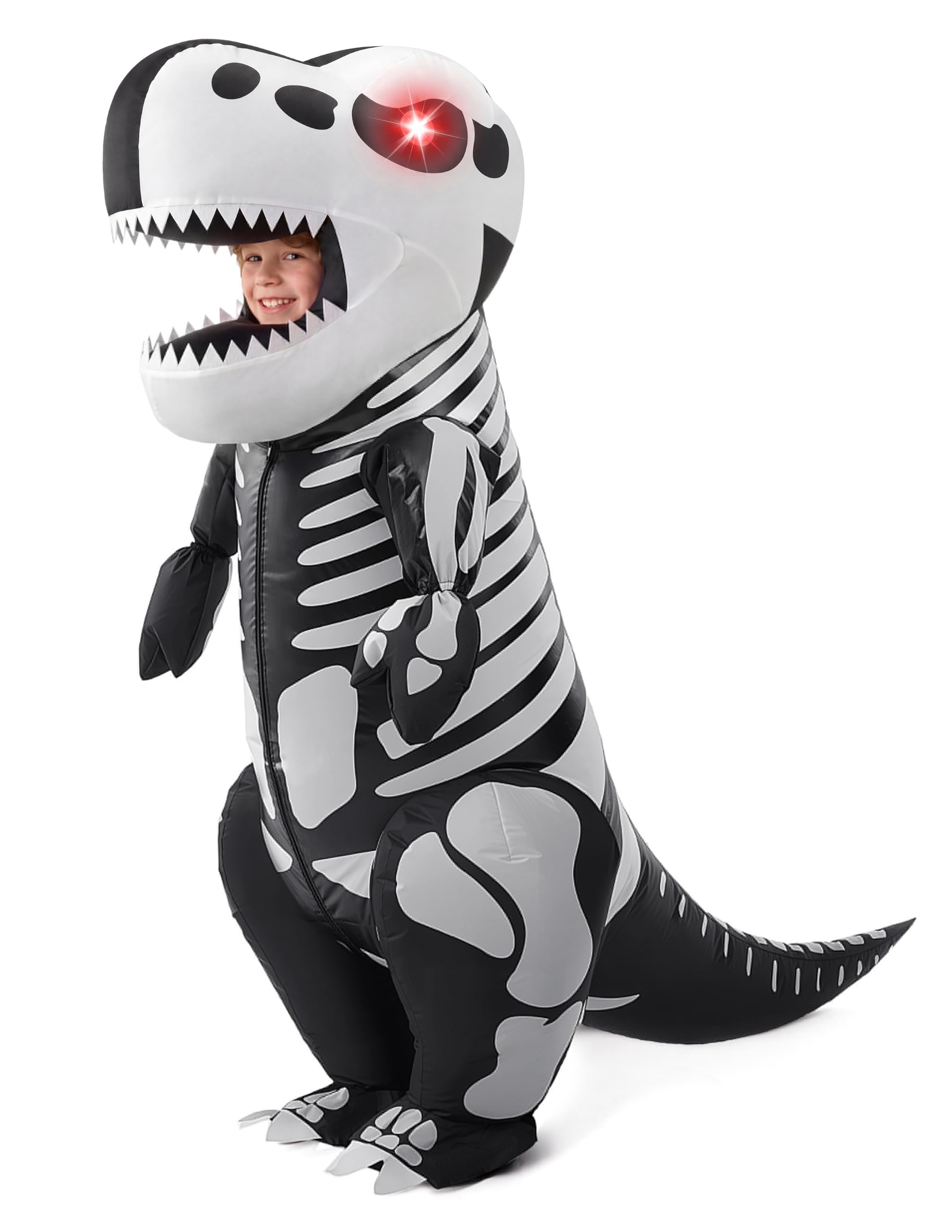 Spooktacular Creations Kids Skeleton Dinosaur Inflatable Costume, LED Light Eyes Skeleton Dinosaur Costume, Full Body T.rex Blow Up for Halloween Dress Up Parties