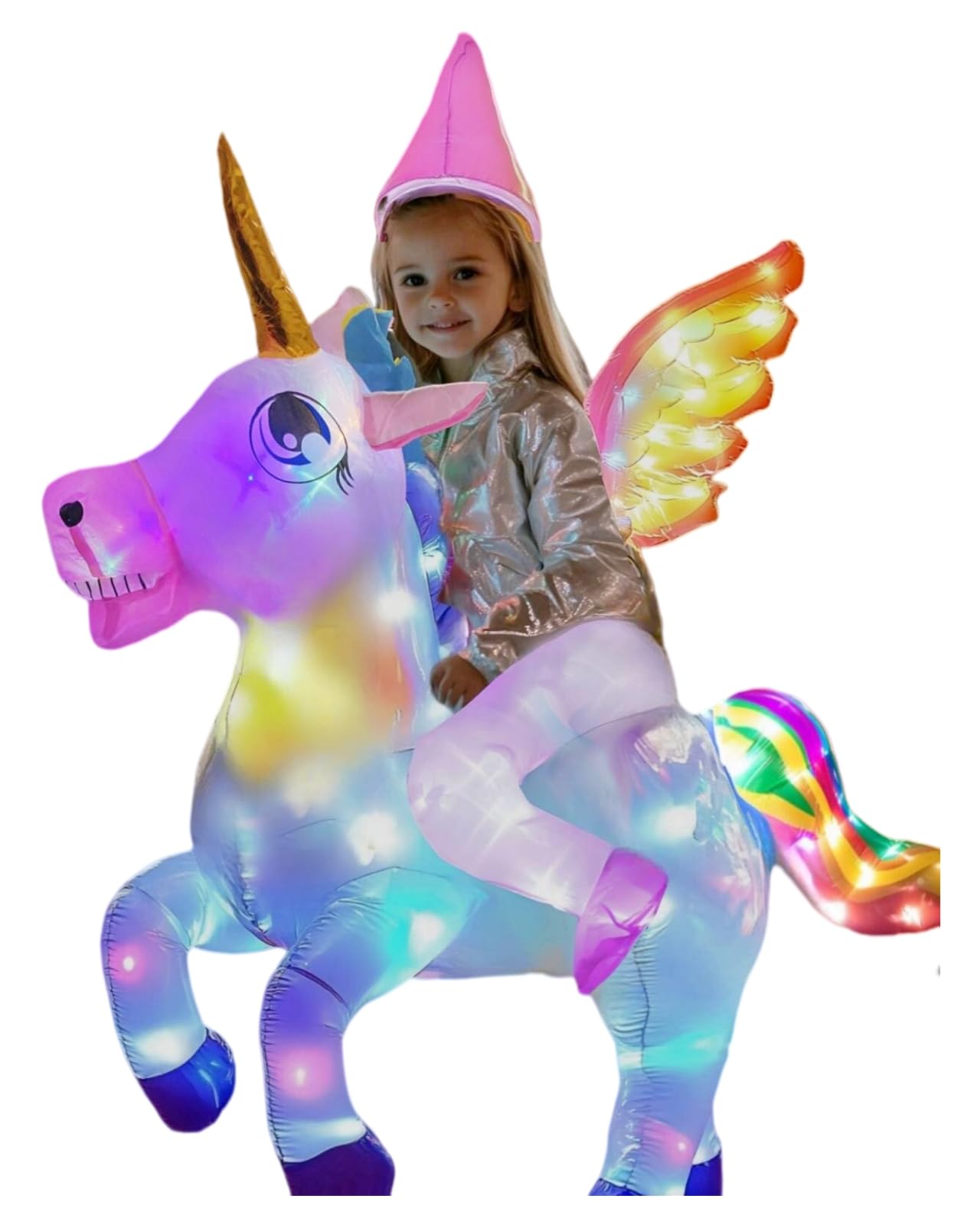 Kids Inflatable Unicorn Costume, Riding Unicorn Air Blow-up Deluxe with LED Light for Halloween Party Unicorn