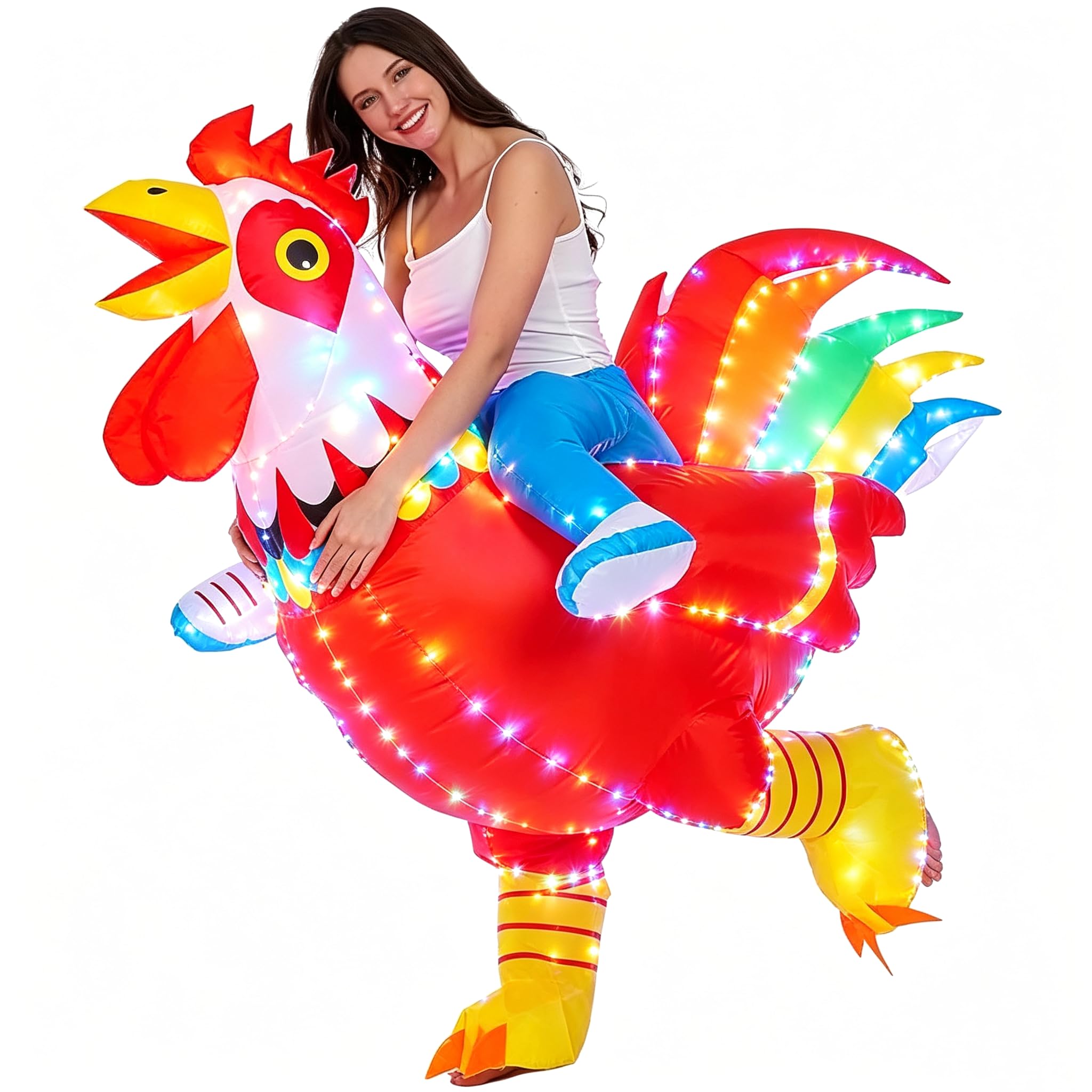Inflatable Rooster Costume with LED Lights, Blow Up Full Body Chicken Costume for Adults, Funny Light Up Fancy Dress for Halloween Carnival Easter Party Cosplay