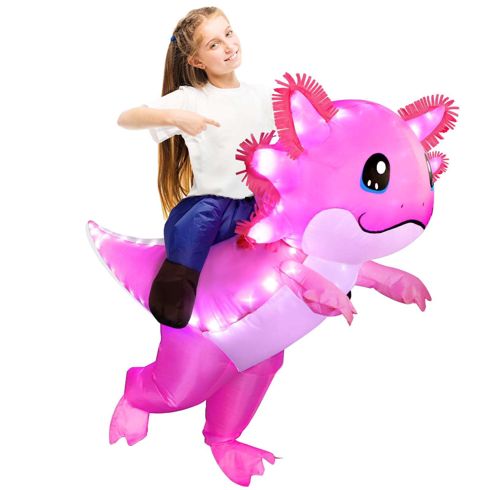 Stegosaurus Inflatable Axolotl Costume for Kids with LED Lights, Ride-On Blow Up Halloween Cosplay Outfit for Girls and Boys