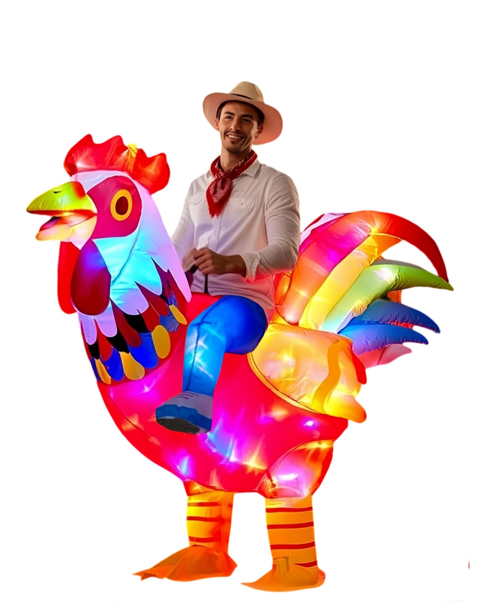 Adult Inflatable Chicken Costumes, LED Light Up Ride-on Rooster, fancy Dress Funny Jumpsuit Cosplay Halloween Costume for Men Women Birthday Christmas (Adult)