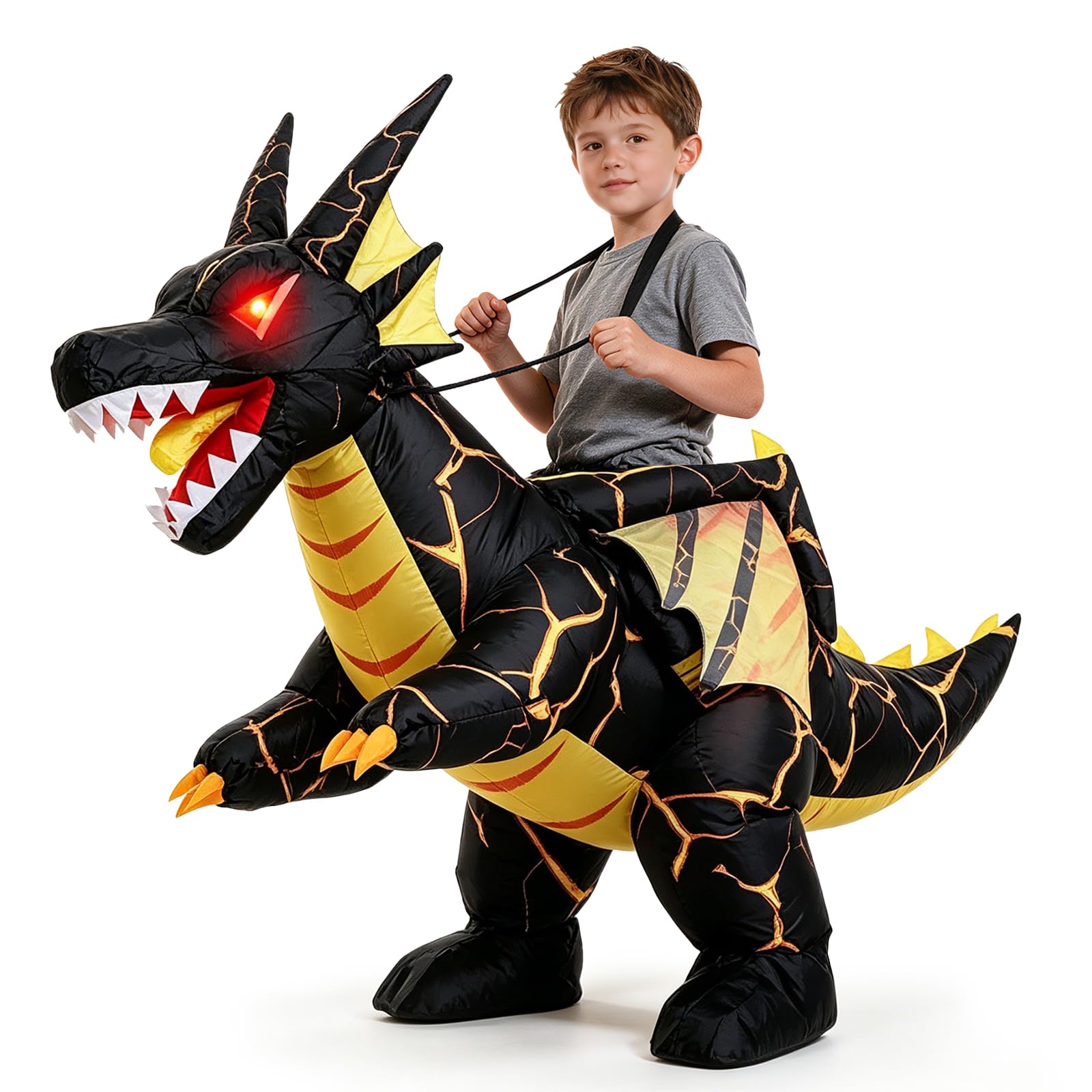Inflatable Dragon Costume for Kids, Ride On Halloween Costume Light-Up Eyes