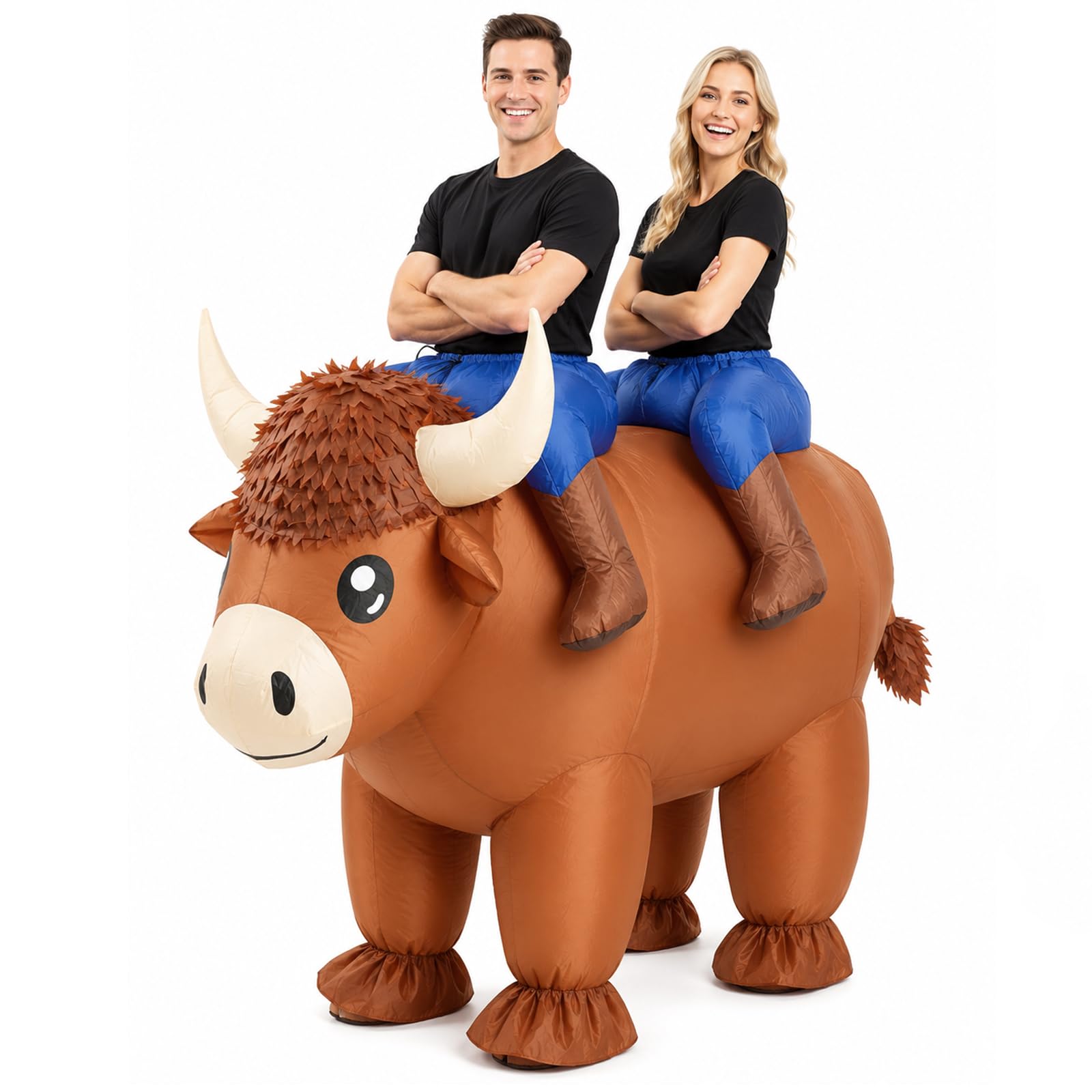 Inflatable Highland Cow Costume, 2 Person Ride-On Cow Outfit for Adults