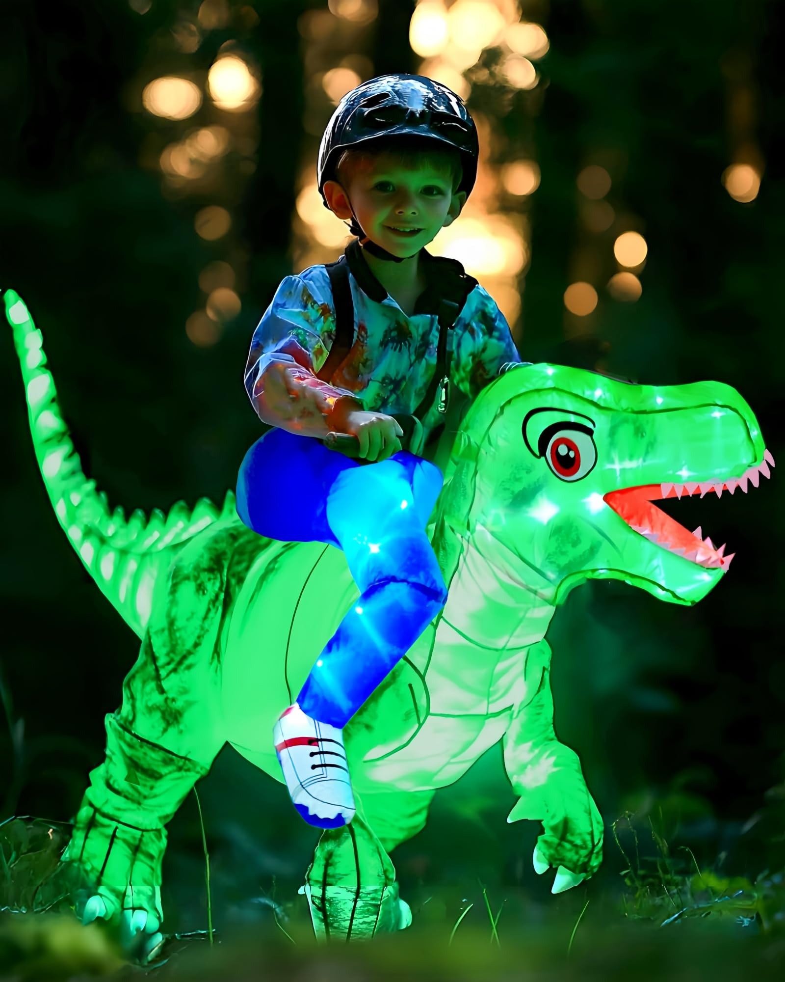 Kids Inflatable Costume, Dinosaur Rider,Blow Up T-REX Costumes with LED Light for Cosplay Halloween Christmas Party
