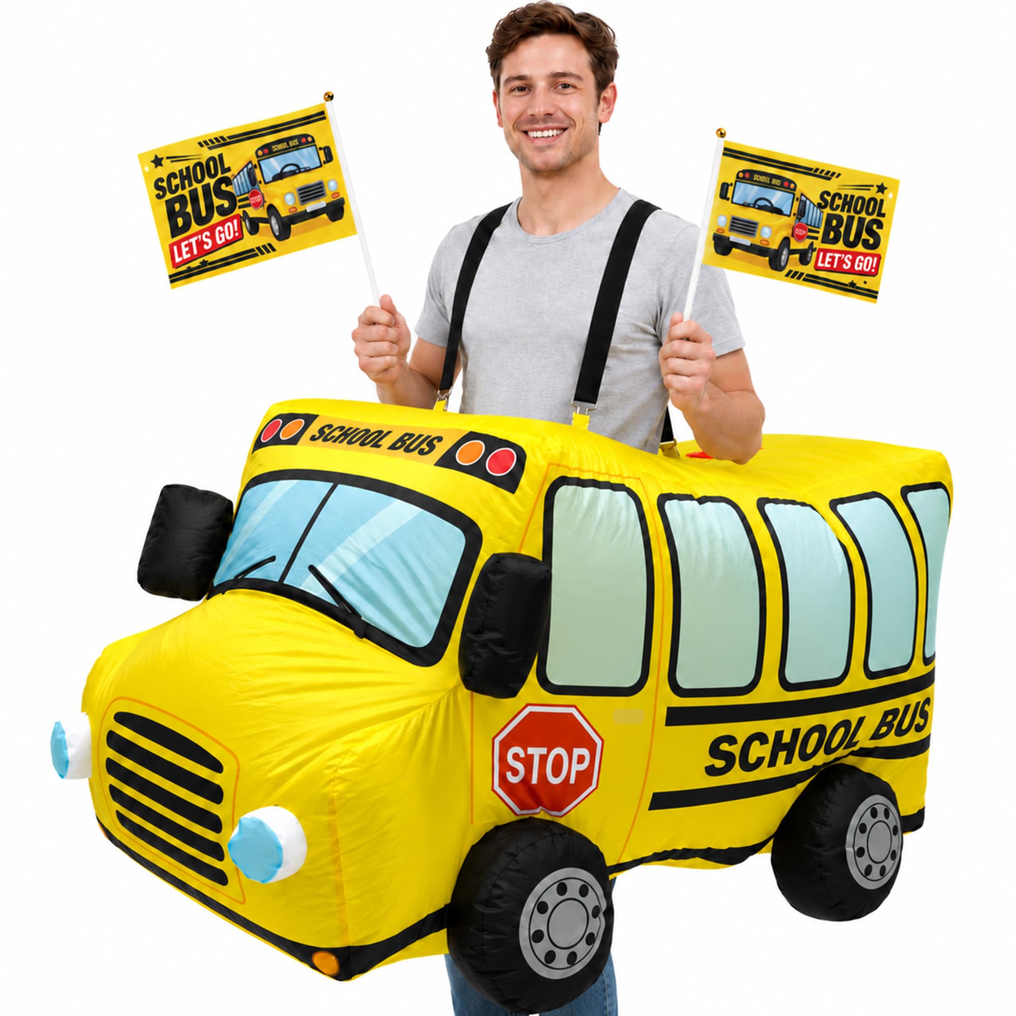 Halloween School Bus Adult Inflatable Costume with Flags for 5'3"-6'1"